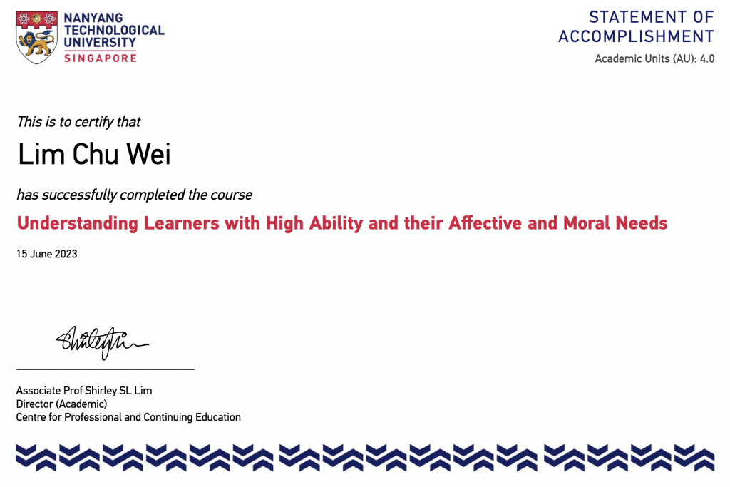 Completion of Understanding Learners with High Ability and their Affective and Moral Needs (NIE, NTU)